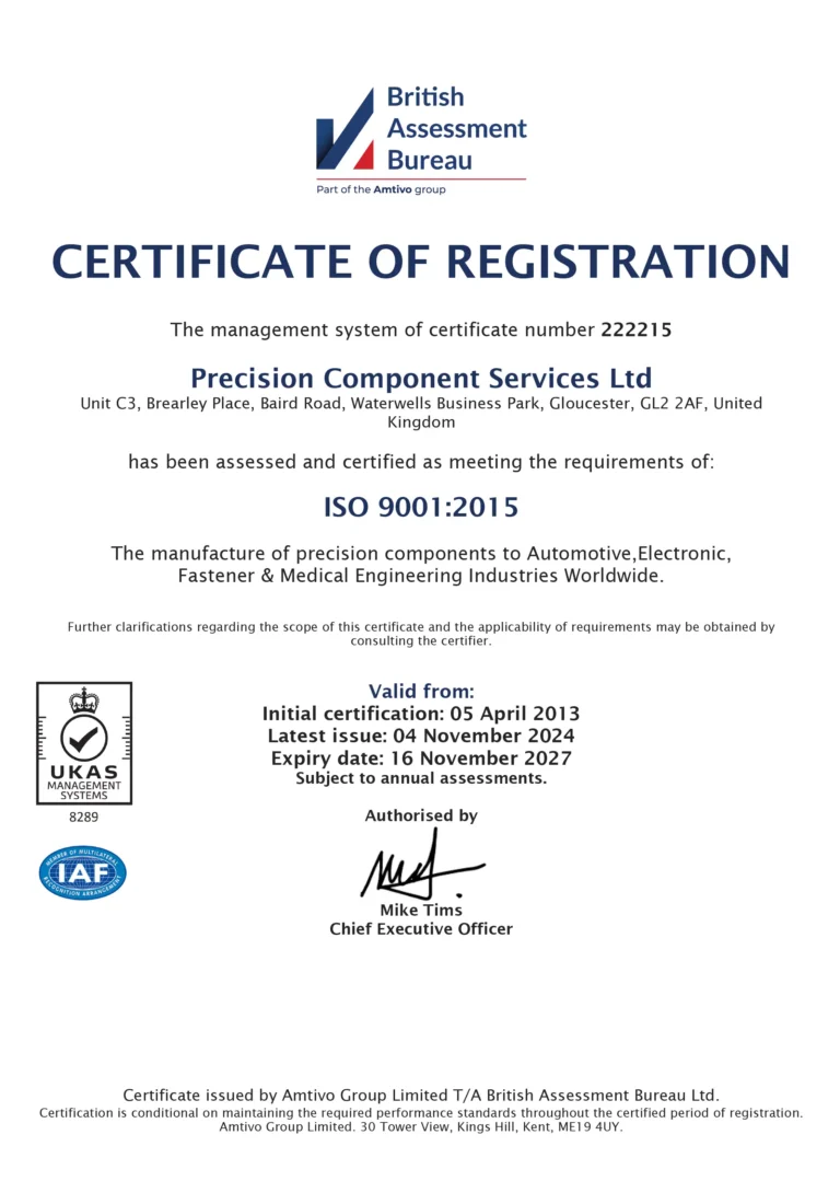 Precision Component Services ISO Cert